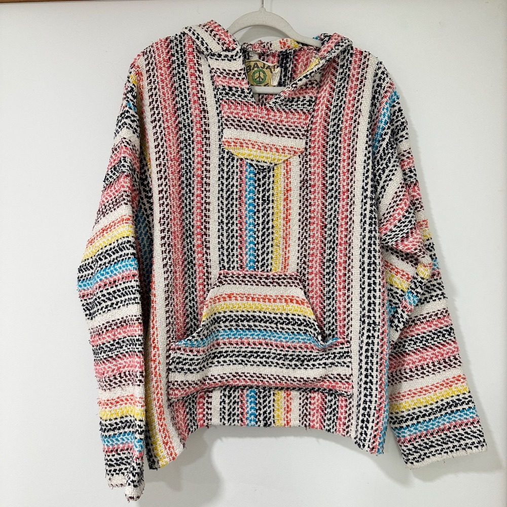 Baja Joe Hoodie Pullover Women XL Multi-Color Striped Woven Mexico Boho Surf XL